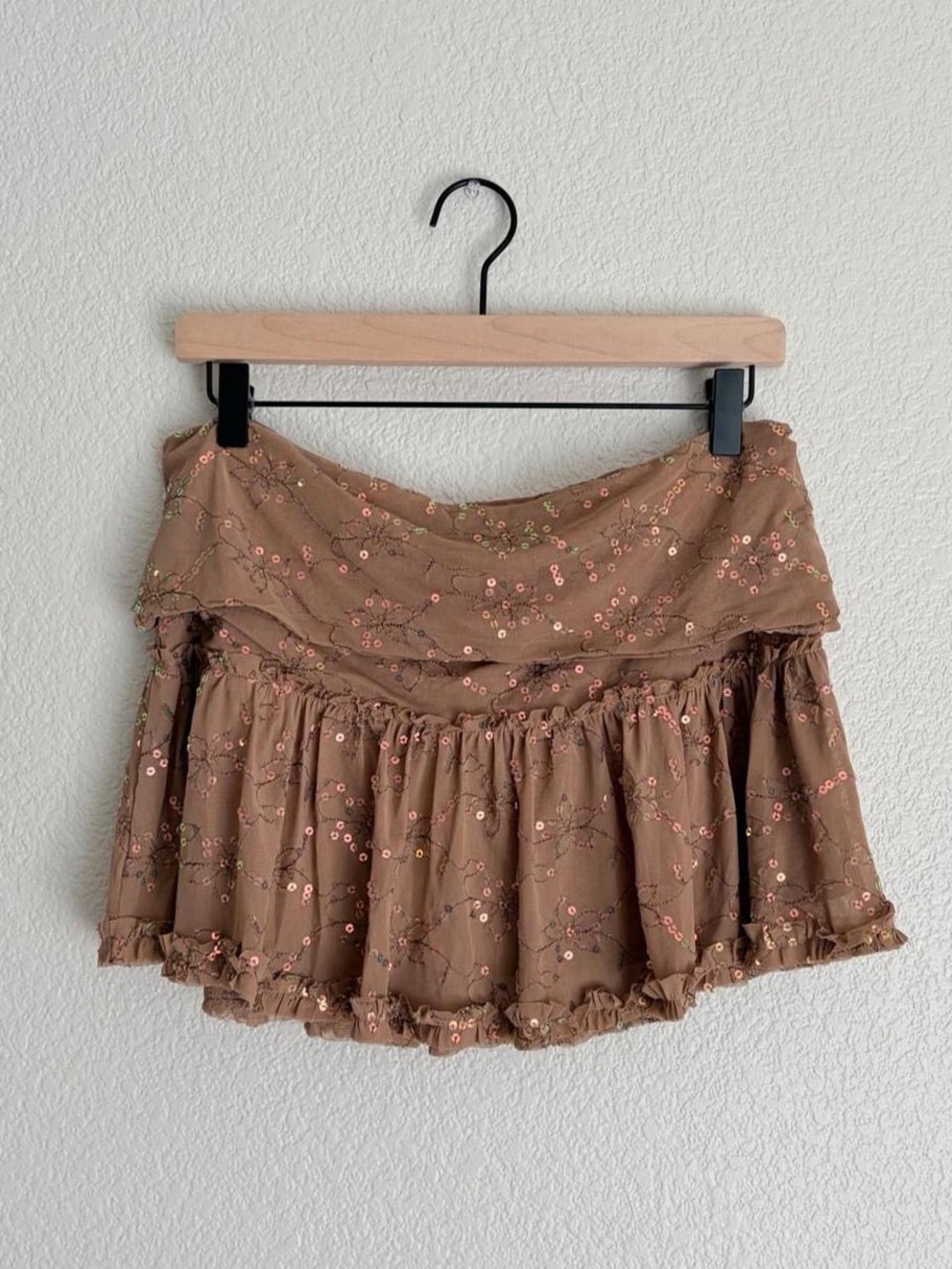 Urban Outfitters Sequin-Embroidered Mesh Foldover Mini Skirt